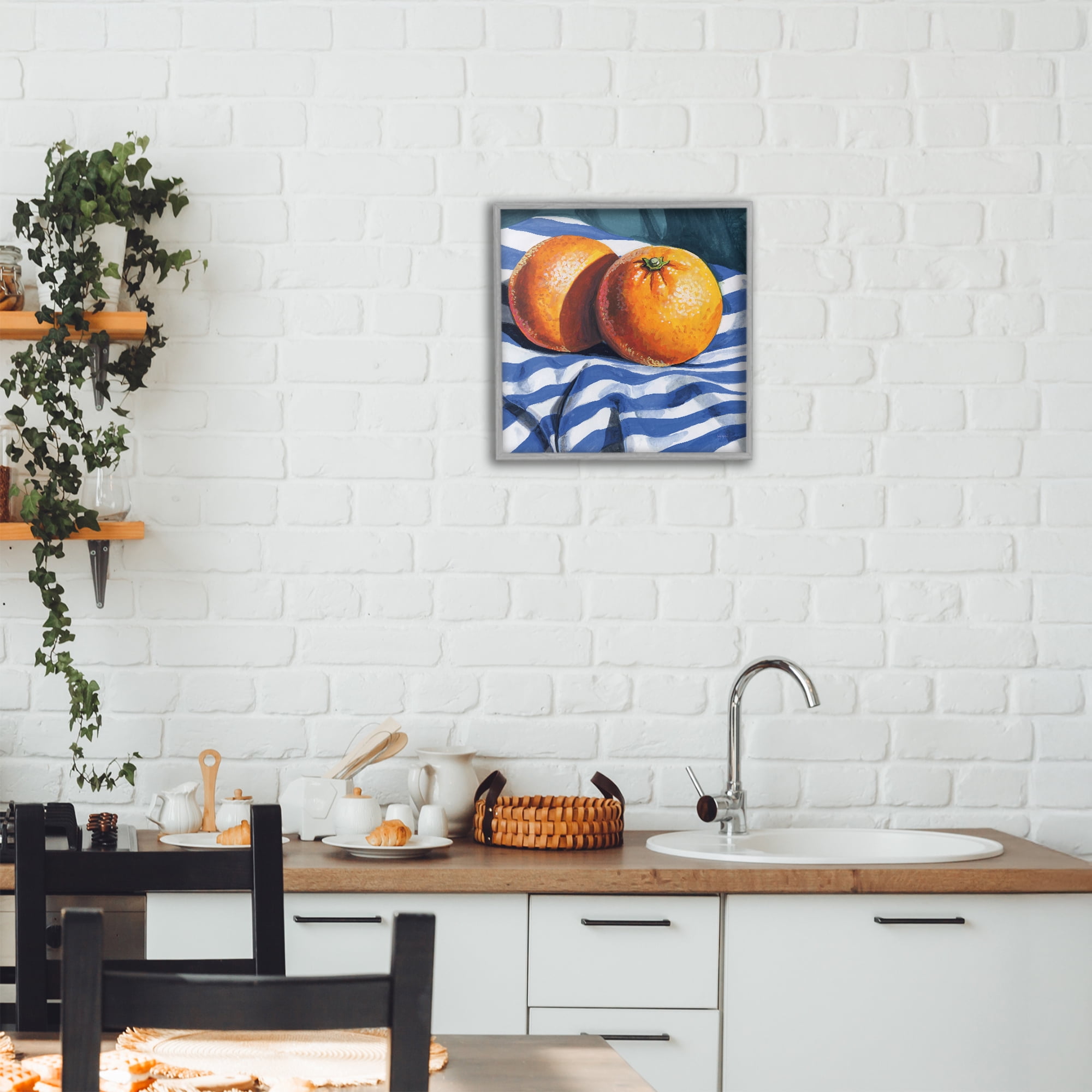Stupell Industries Oranges On Striped Cloth Gray Framed Giclee Art, design by Kate Jarvik Birch