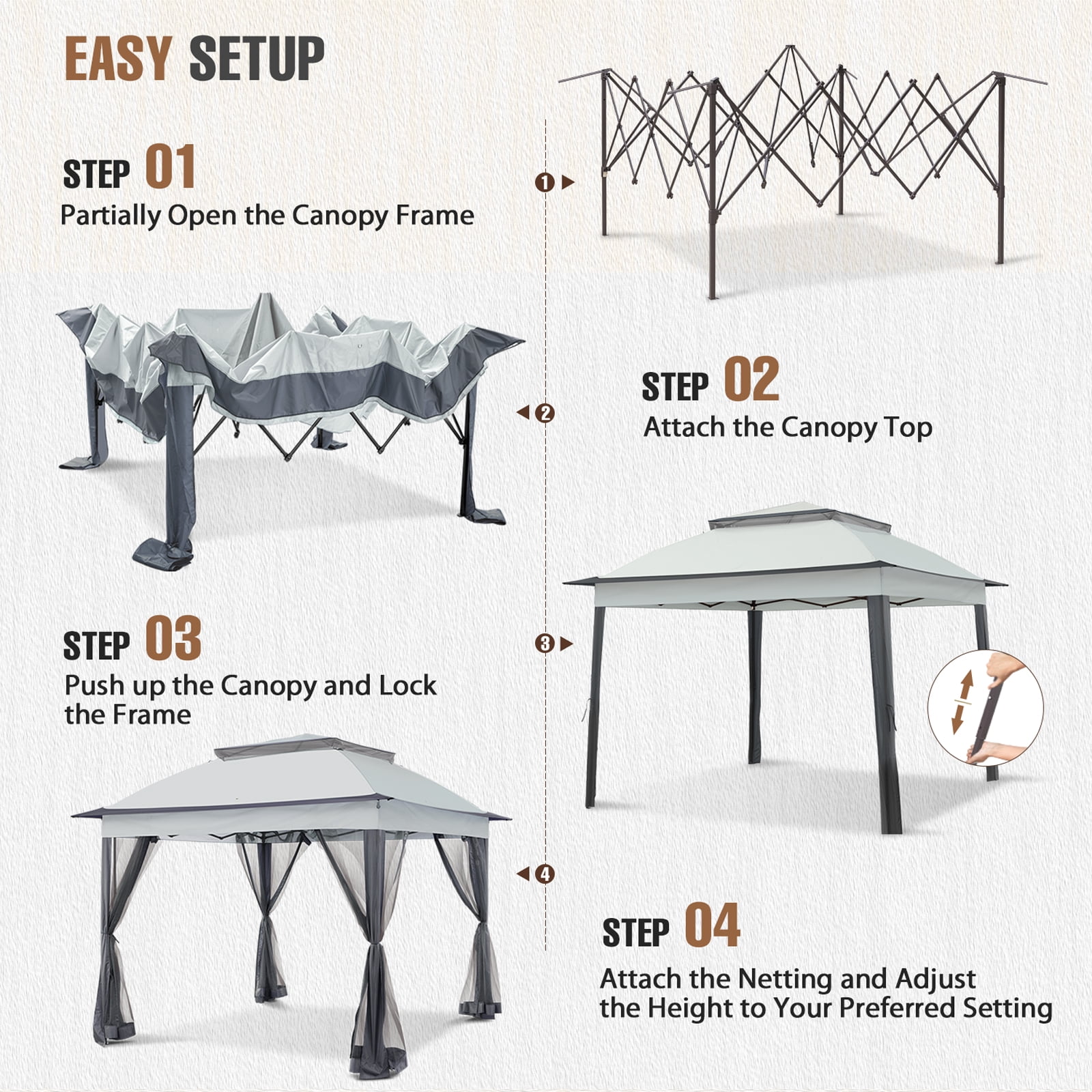 INTER HUT 11x11 Outdoor Pop up Gazebo Tent with Mesh Walls for Patio, Lawn, Backyard and Deck, Gray