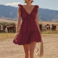 thumbnail image 2 of Women's Solid Color Sleeveless V Neck Mini Dress Ruffle Petal Sleeve Tiered Summer Dress Wine S(S), 2 of 7