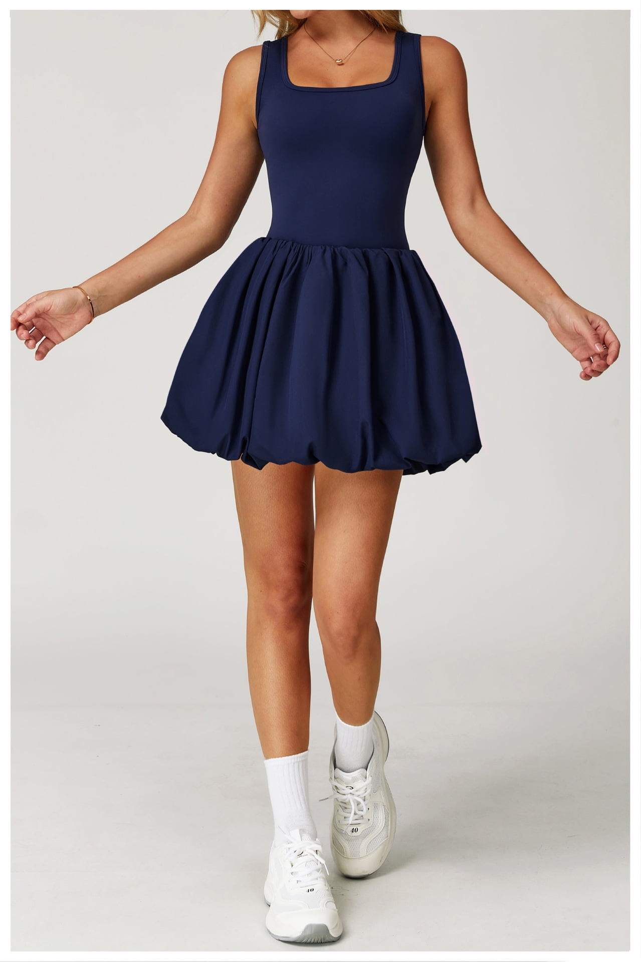 PISONIC Womens Tennis Golf Dress with Built-in Bra Shorts Backless Square Neck Mini Puffy Skirt Athletic Dresses with Pockets