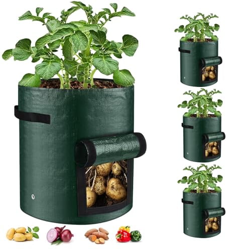 10 Gallon 3-Pack Potato Grow Bags,Heavy Duty PE Fabric Pots with Flap and Handles,Green Planter Bags for Potato Vegetables Outdoor Garden,Large for All Plants Growing