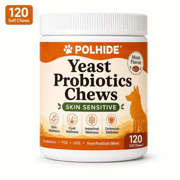 POLHIDE Yeast Probiotic Chews for Dogs, Itch Relief Sensitive Skin and Gut Health Support, 3 Billion CFU, Meat Flavor, 120 Count