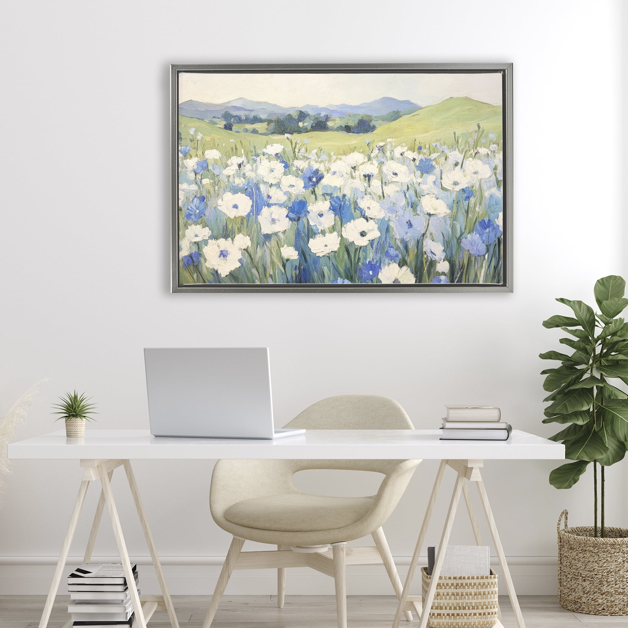 Stupell Industries Blue & White Daisies Gray Framed Floater Canvas Wall Art, design by Petal Prints Design