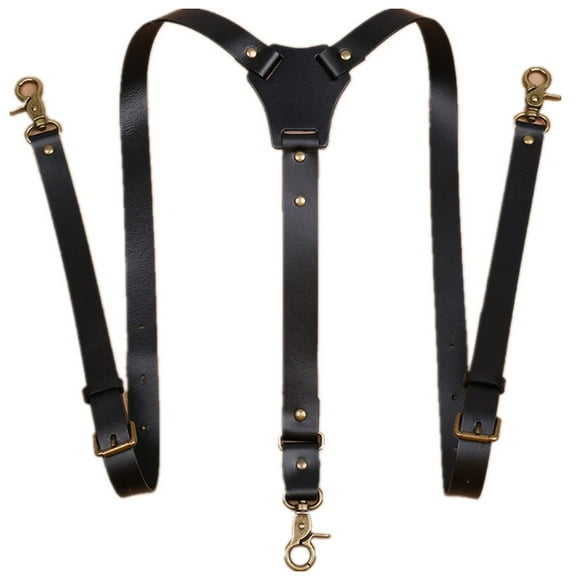 Men's Leather Suspenders Heavy Duty Y - Back, Adjustable 3 Metal Snap Hooks,