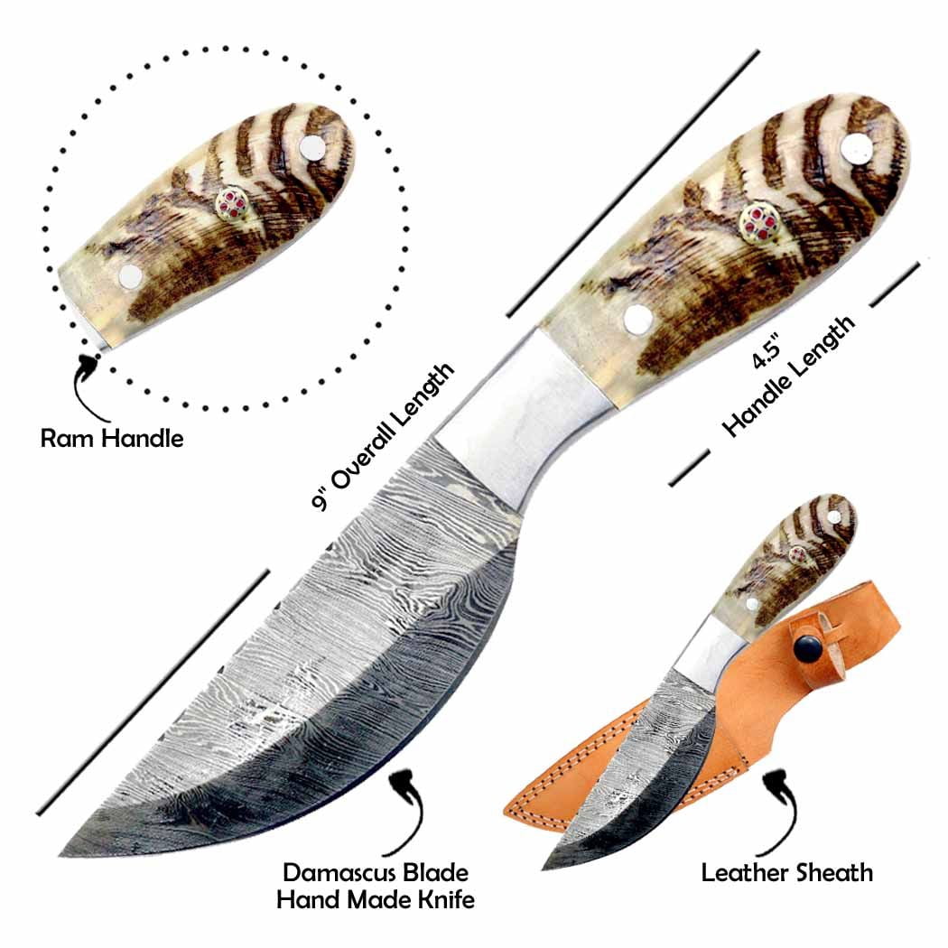 TheBoneEdge 9" Ram Handle Steel Bolster Damascus Blade Hunting Knife with Leather Sheath