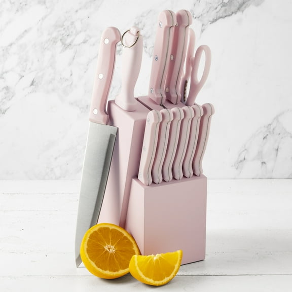 Basic Essentials 12 Piece Stainless Steel Kitchen Knife Set with Wood Block, Pink