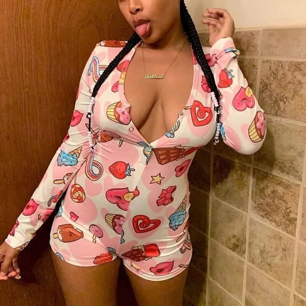 Monos sexys para adultos, novedad de Otoño Invierno 2023, pijama de manga larga con cuello en V y estampado divertido, pelele para mujer, ropa de dormir de Navidad