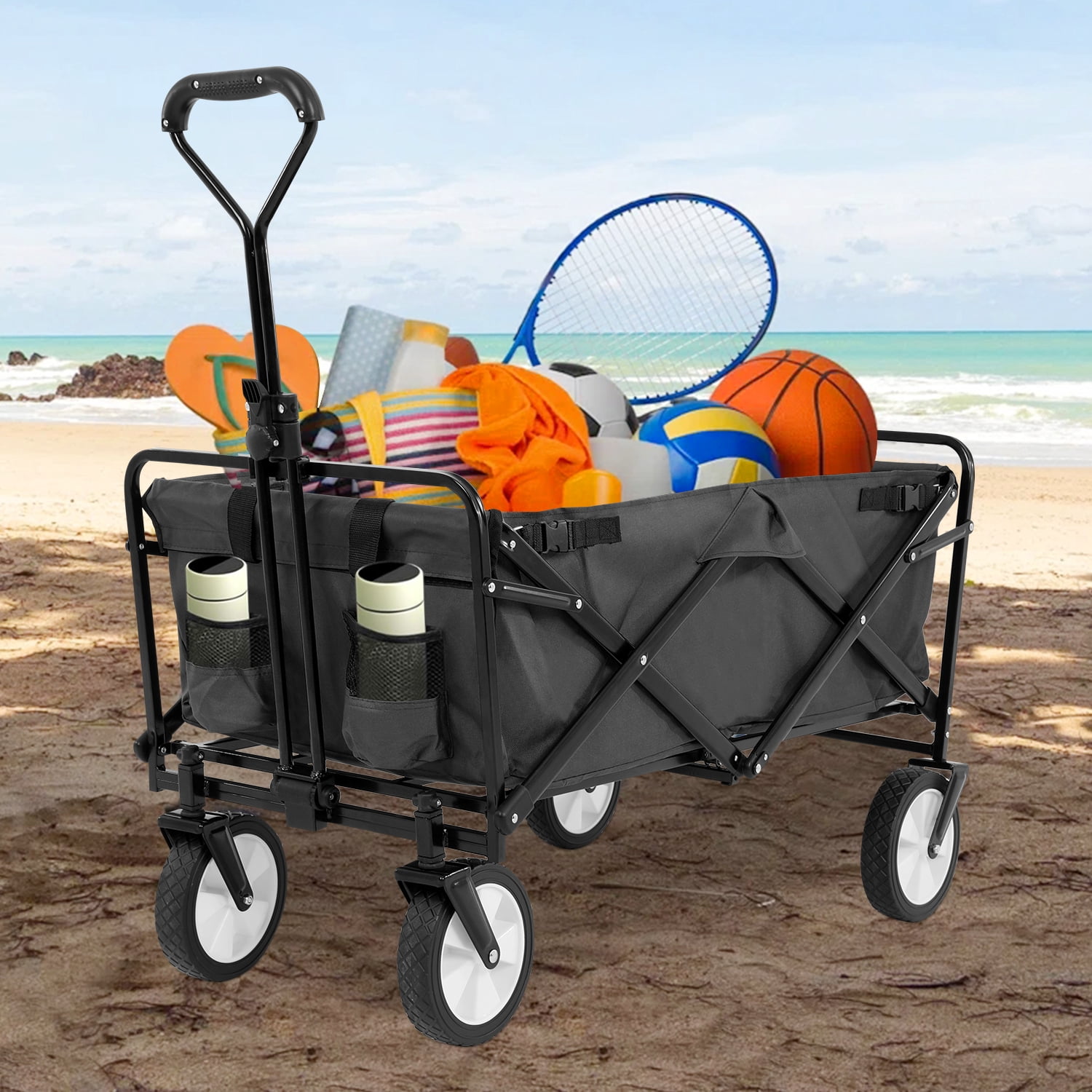 Collapsible Wagon Cart Folding Wagon Heavy Duty Utility Beach Wagon Portable Foldable Garden Cart with All-Terrain Wheels& Adjustable Handle , Grey