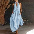 thumbnail image 5 of Women's Cotton Loose Wide Leg Jumpsuit, Deep V Neck Sleeveless with Side Pockets, Casual Summer Beach Wear, Long Pants | VerBelle,Light Blue XL, 5 of 8