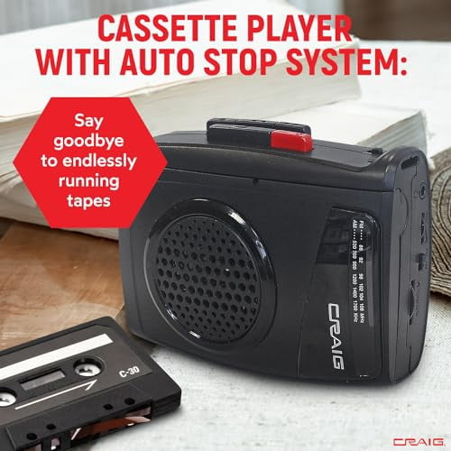 Craig Stereo Cassette Player/Recorder with Earphones: Portable AM/FM Radio & One-Touch Recording System