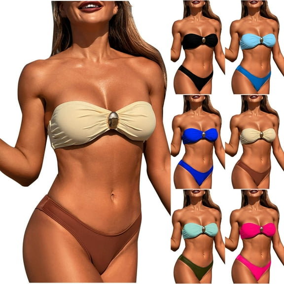 lcziwo Saving Sales Women's 2 Piece Bandeau Swimsuit Summer Strapless Pleated Bras and High Cut Bikini Set 2025 Bathing Suit Vacation Beach Outfits Blue M