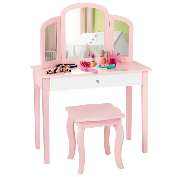 W Tri Folding Mirror Chair Pink, Kid Vanity Table And Chair
