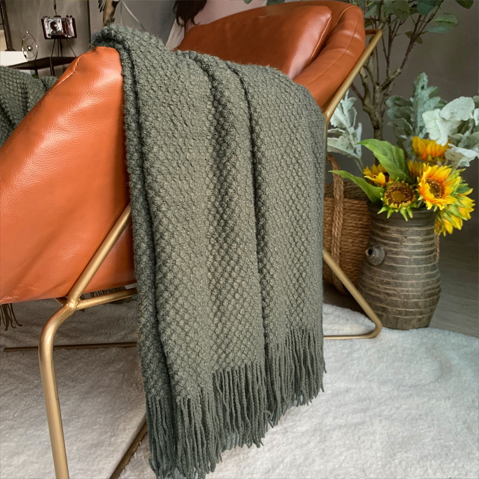 LOMAO Knitted Throw Blanket with Tassels Bubble Textured Lightweight Throws for Bed,Chair,Sofa,Living Room,Home Decor (Dark Olive,50*60 in)
