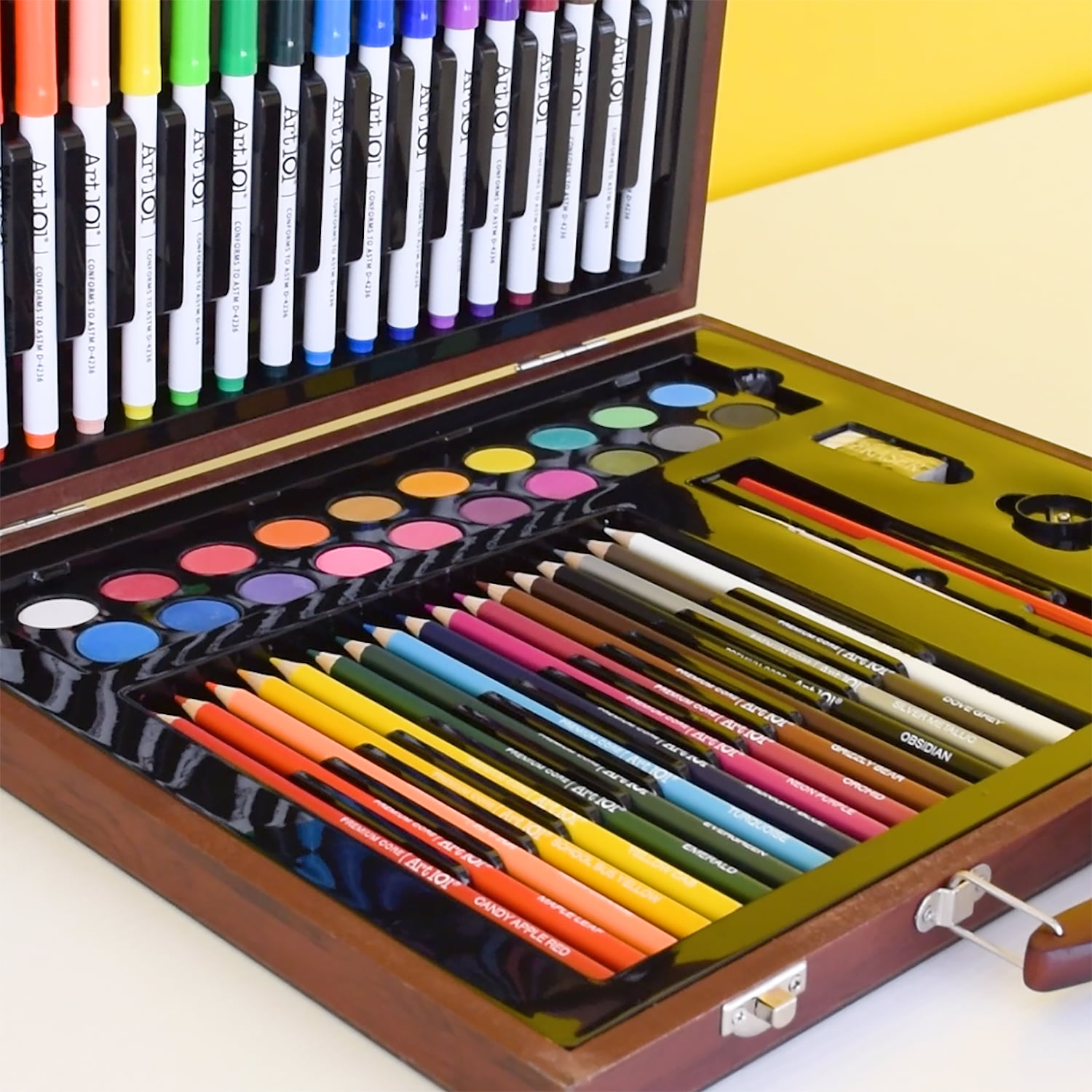 Art 101 Multifunctional Art Set with 170 pieces in an Expandable Wood Case  for Children to Adults