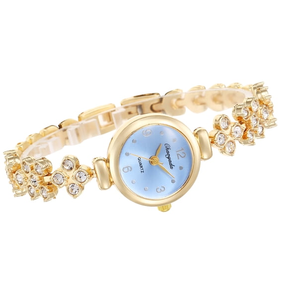 Golden Crystal Bracelet Watch with Light Blue Dial, Fashion Women’s Quartz Chain Watch
