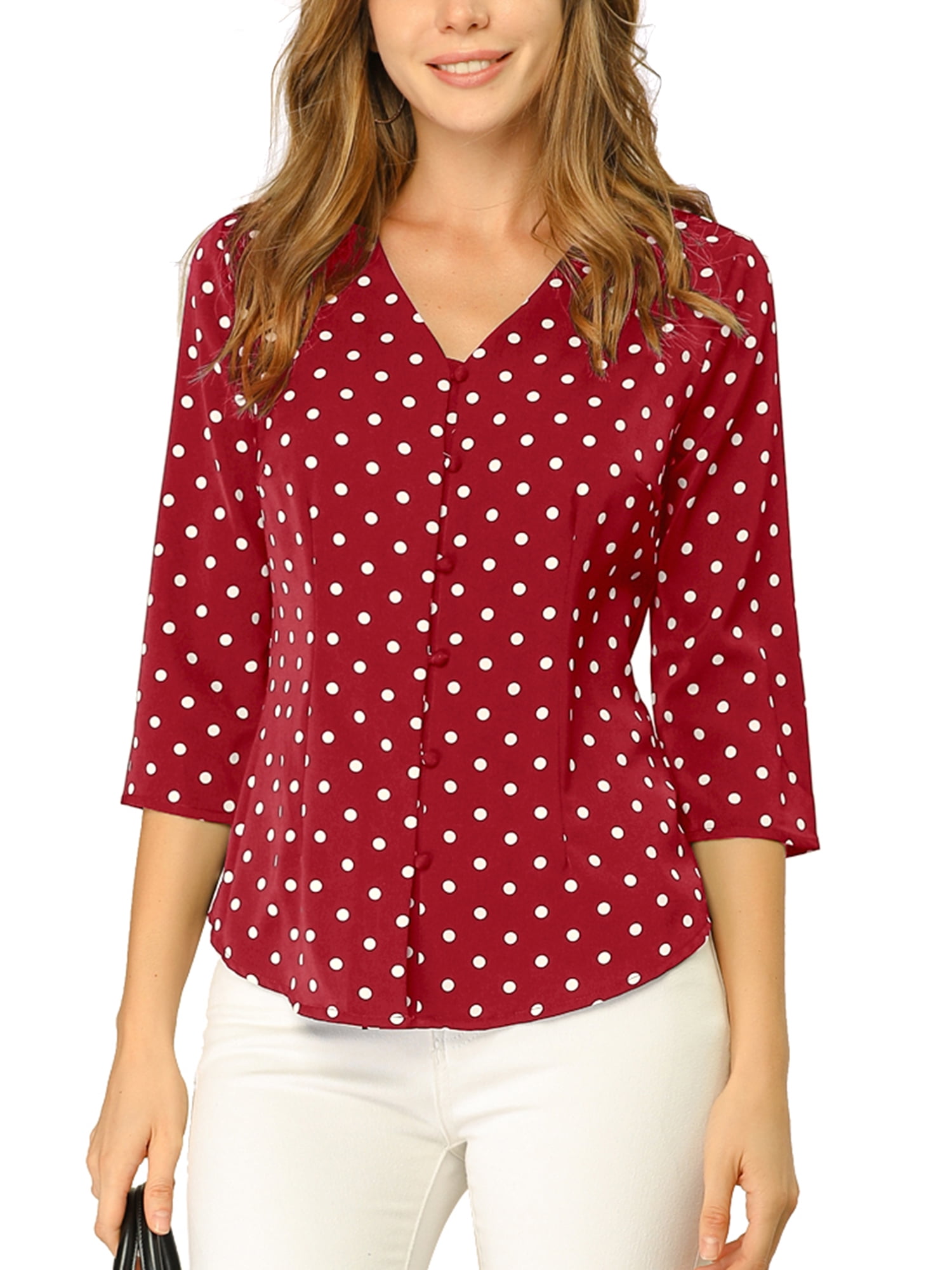 DARING DIVA Women's V Neck Polka Dots 3/4 Sleeve Casual Button Blouse S Red