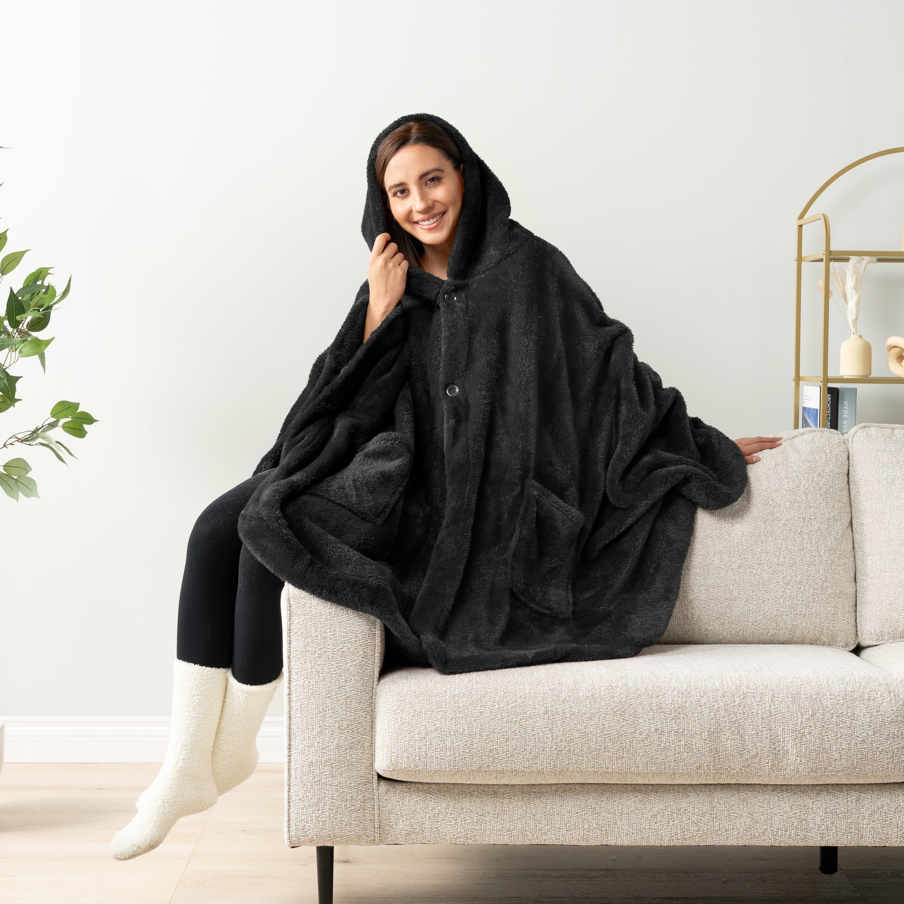Pavilia Angel Wrap Hooded Blanket Poncho Sherpa Fleece, Black