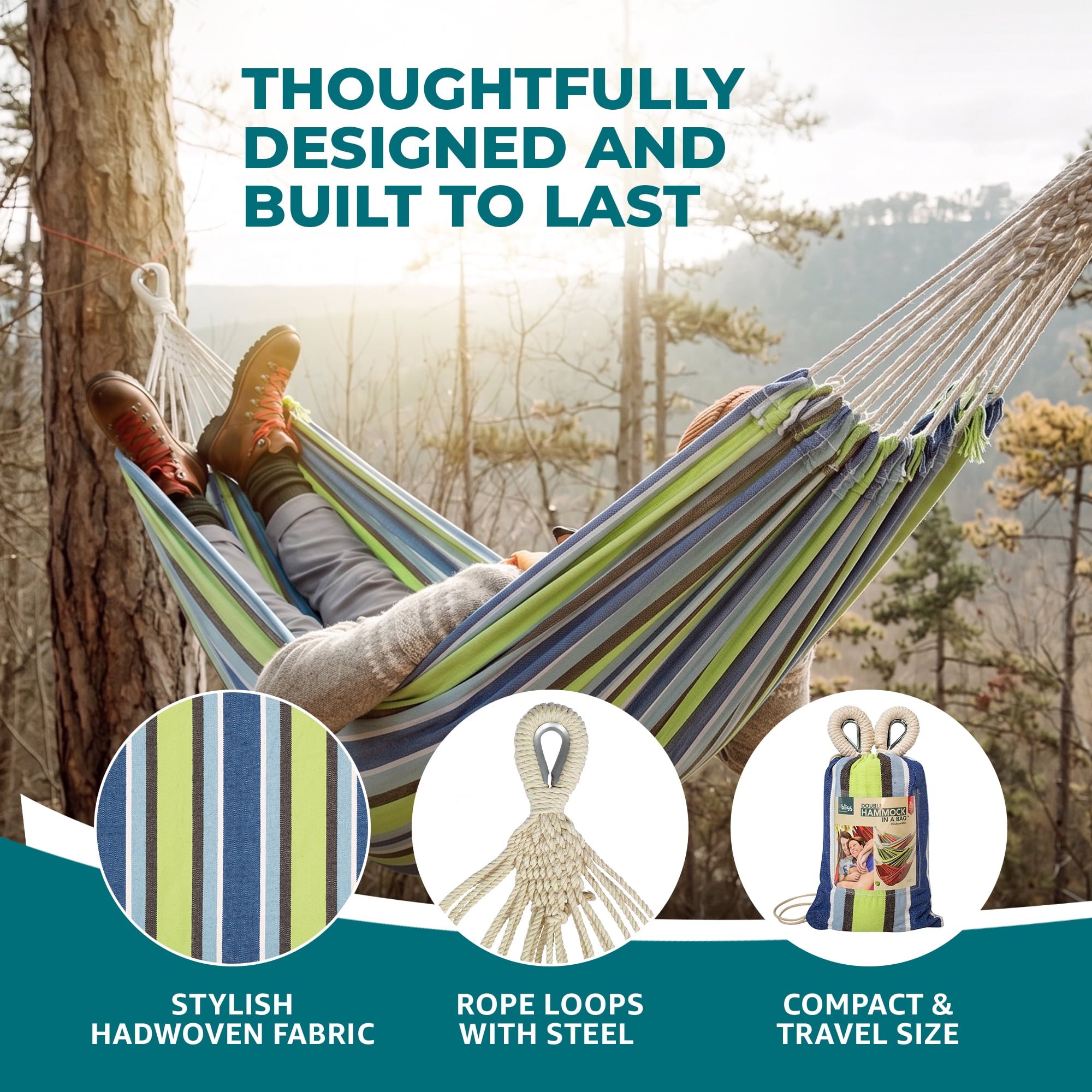 Bliss Hammocks 60"W Double Hammock with Rope Loops & Tree Straps, 265 lb, Blue Honu Strip