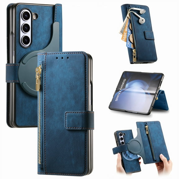 ELEHOLD for Samsung Galaxy Z Fold 3 Wallet Case,Zipper Storage Flip RFID Blocking Card Holders Strong Magnetic Detachable Leather Case Stand Function Muilti-Functional Purse Cover, Blue