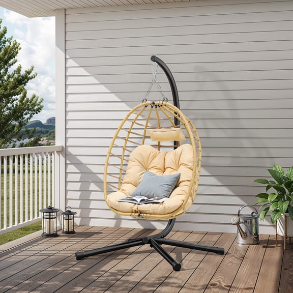Uforic Wicker Egg Swing Chair with Stand & Cushion, 330lbs Capacity, Yellow