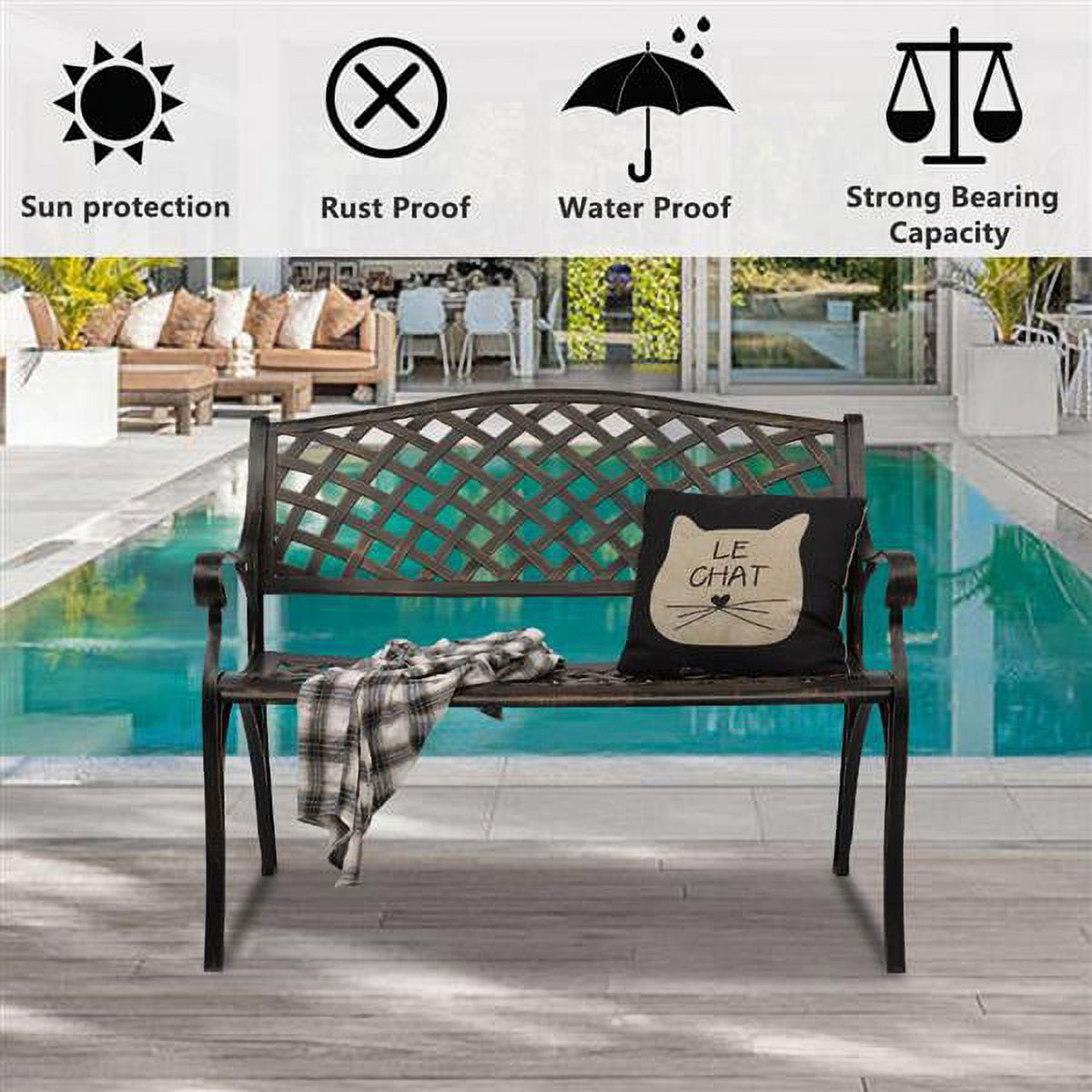 40.5" Outdoor Cast Aluminum Bench With Mesh Backrest Seat Surface Antique Style with Curved Armrests for Backyard Porch Bronze