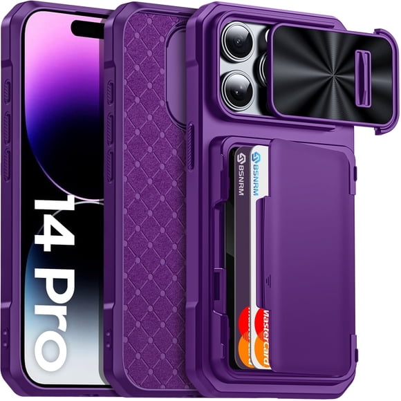 Oupeigar para iPhone 14 Pro Funda de Teléfono con Soporte Tipo Billetera, Blindaje RFID, Cubierta de Cámara, Funda Protectora de Silicona Resistente a Golpes de Cuerpo Completo - Morado