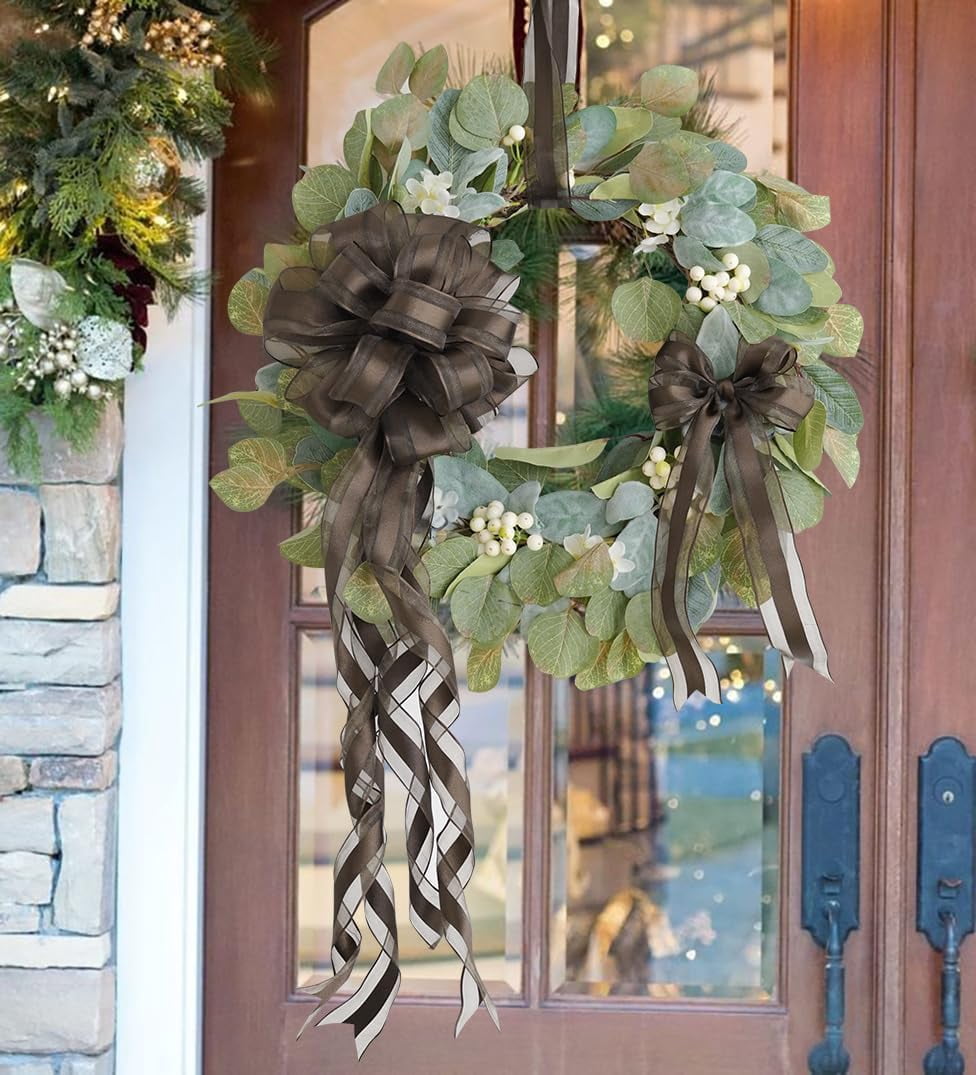 Brown Sheer Wired Ribbon with Satin Stripe 2.5 inch Brown Ribbon for Christmas Tree, Bows Making, Wreaths, Garland, Gift Wrapping, Wedding Decor, Thanksgiving Decor-Continous 10 Yards