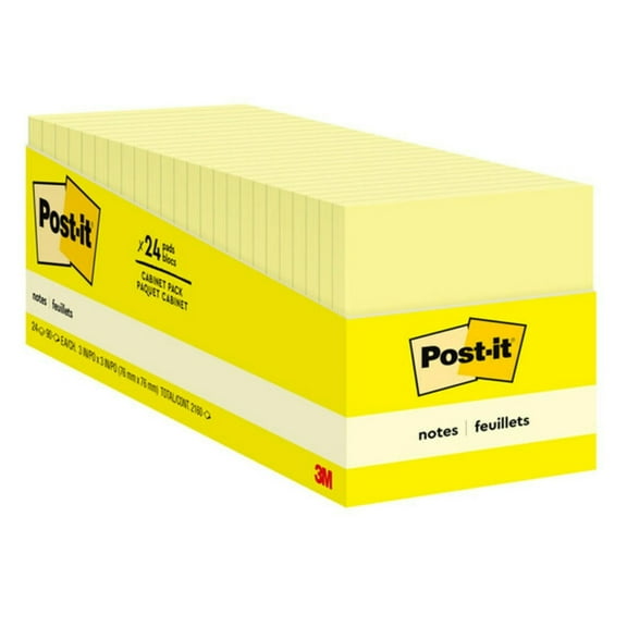 Post-It Sticky Notes 3"X3" 24/Pkg-Canary Yellow W/90 Sheets