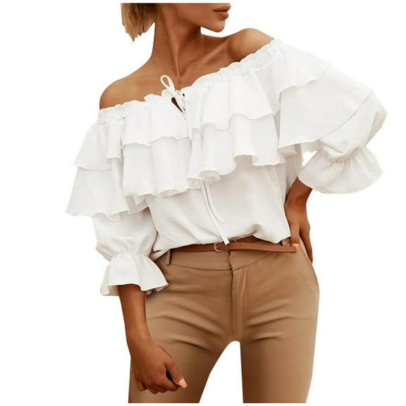 Women's Strapless Ruffles Chiffon Blouses Tie Neck Off the Shoulder 3/4 Sleeve Shirts Tops Solid Casual Summer T Shirts