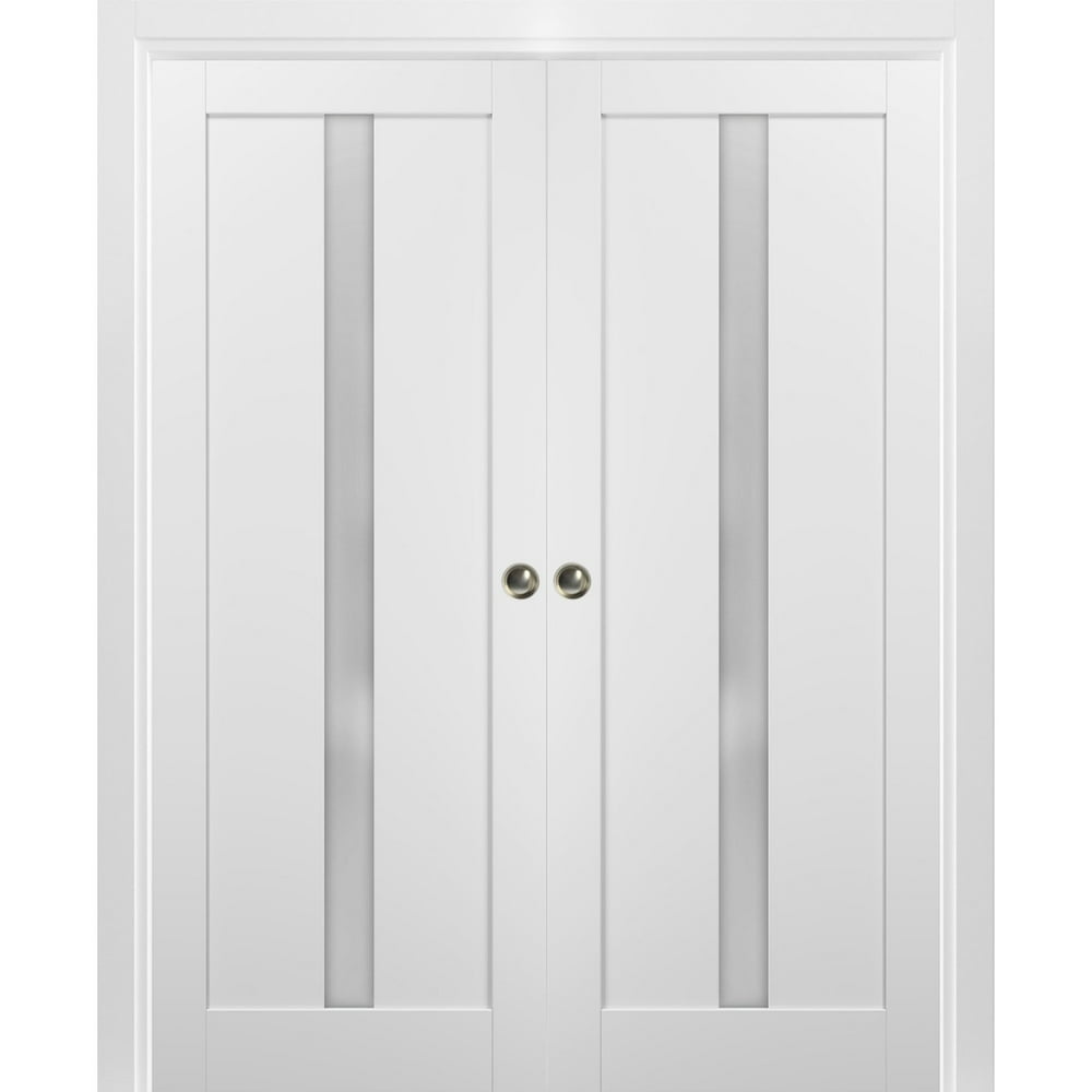French Double Pocket Doors 36 x 84 with Frames Quadro 4112 White Silk with Frosted Opaque