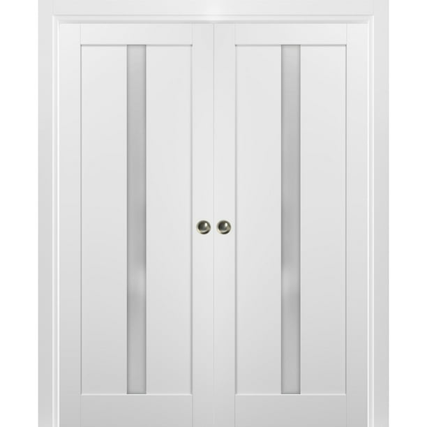 French Double Pocket Doors 64 X 96 With Frames Quadro 4112 White Silk With Frosted