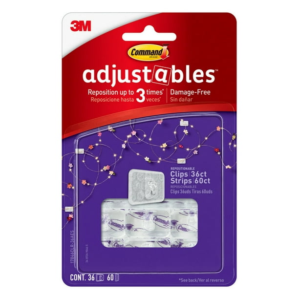 Command Adjustables Mini Decorating Clips, Clear, 36 Clips, 72 Strips