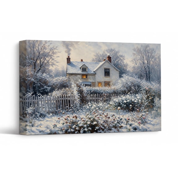 Winter Snow Cottage Canvas Wall Art, Cozy Farmhouse Wall Decor, Vintage Snowy Theme Print Painting Pictures, Home Artwork Decor for Bedroom Living Room 30"*20"