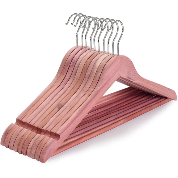 American Red Cedar Wooden Hangers, Clothes Hangers for Closet, Wood Coat Hanger with Smooth Cut Notches, 360°Flexible Hook, Non-Slip Pants Bar,10 Pack-CT07C