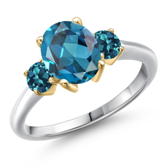 Gem Stone King 925 Silver and 10K Yellow Gold London Blue Topaz Engagement Ring for Women | 2.91 Cttw | Oval 9X7MM | Gemstone November Birthstone | Size 6