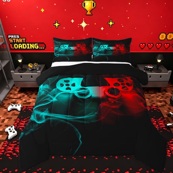 jejeloiu Gaming Gamer Bedding Comforter Set,Modern Video Game Twin Comforter Sets,Red Cyan Gamepad Bedding Set For Boys,Breathable Home Decor Reversible,2 Pieces