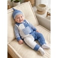 thumbnail image 6 of Loicainy Infant Baby Boy Fall Outfit 3 6 12 18 Months Striped Rompers and Front Pockets Overalls with Hat Clothes Set, 6 of 9