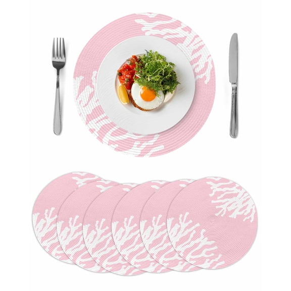 Coral Pink Round Placemats Set of 6 for Dinning Tables,Heat-proof Braided Table Mats 13 Inch,Coastal White Ocean Marine Nautical Beach Washable Place Mat for Kitchen Restaurant Party Table Decor