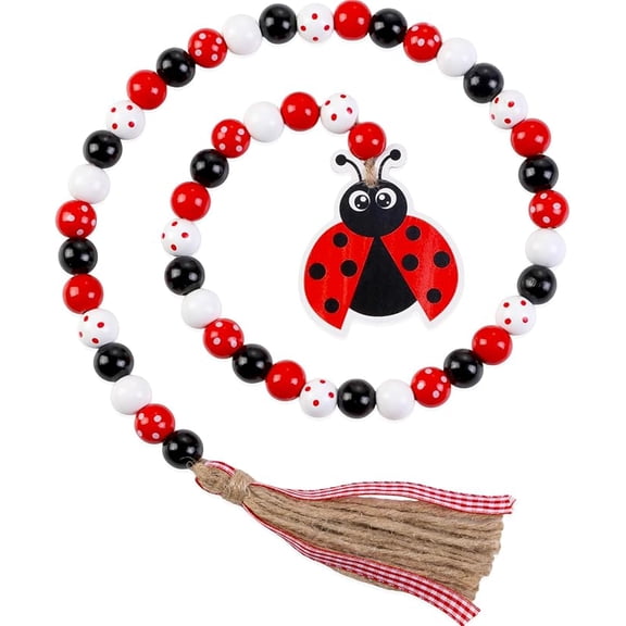 Ladybug Wood Bead Garland with Tassels, Spring Garden Decorative String Beads Home Decor Rustic Farmhouse Beaded Garland with Jute Rope Tassel and Wooden Tag for Tiered Tray Window Wall Decor