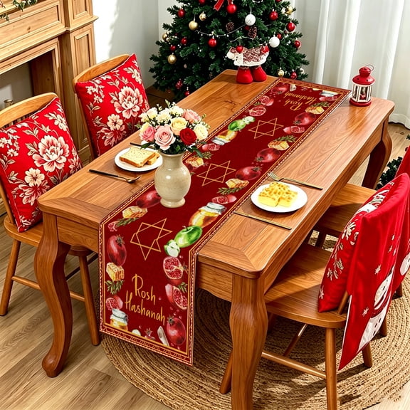1pc Red Rosh Hashanah Pomegranate Hexagram Table Runner, Jewish New Year Table Decor, Festival Photoshoot Holiday Gift Thanksgiving Christmas