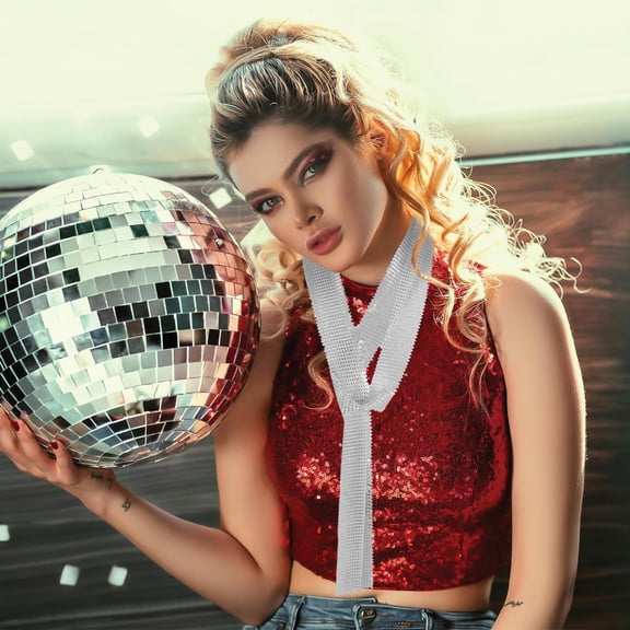 YUYUETIME 1Pcs Sequins Neck Tie Scarf Silver Thin For Women Party Night Out 16.0x1.6x0.1in