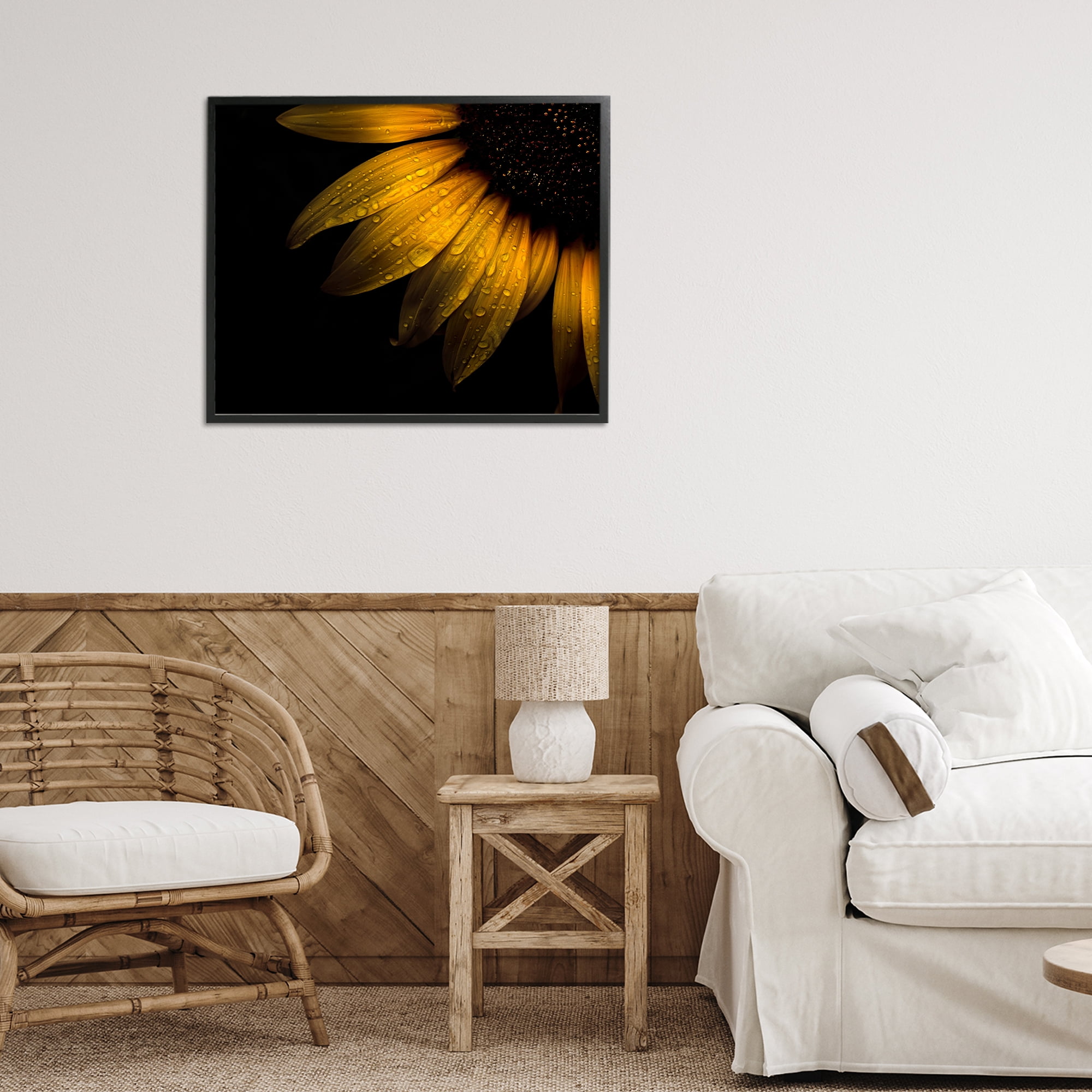 Water Droplets on Sunflower Black Framed Giclee Art, design by Brian Carson Photography