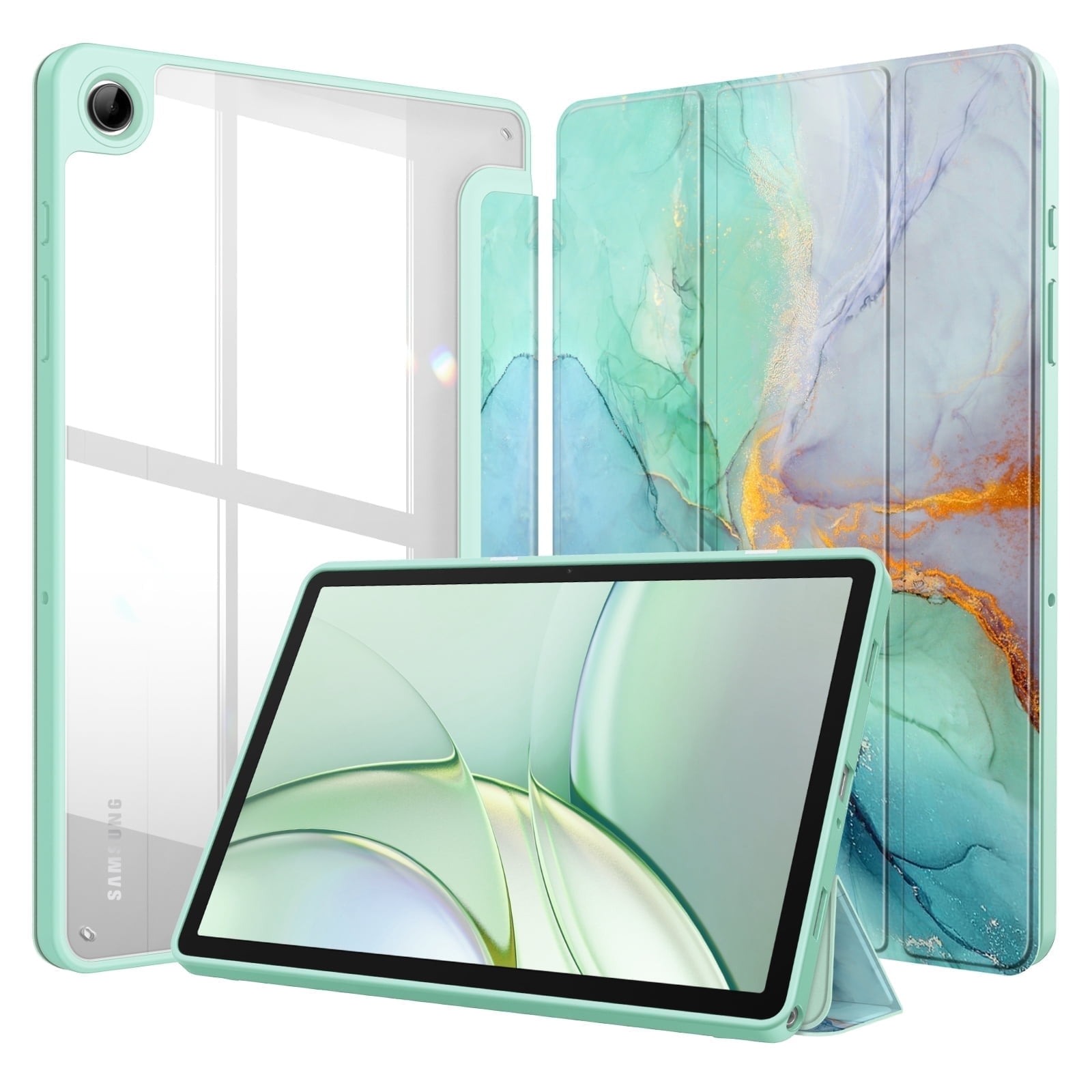 Fintie Case for Samsung Galaxy Tab A11+ Plus 11 Inch 2025/ A9+ Plus 2023, Shockproof Hybrid Slim Cover with Clear Transparent Back Shell, Auto Wake/Sleep, Emerald Marble