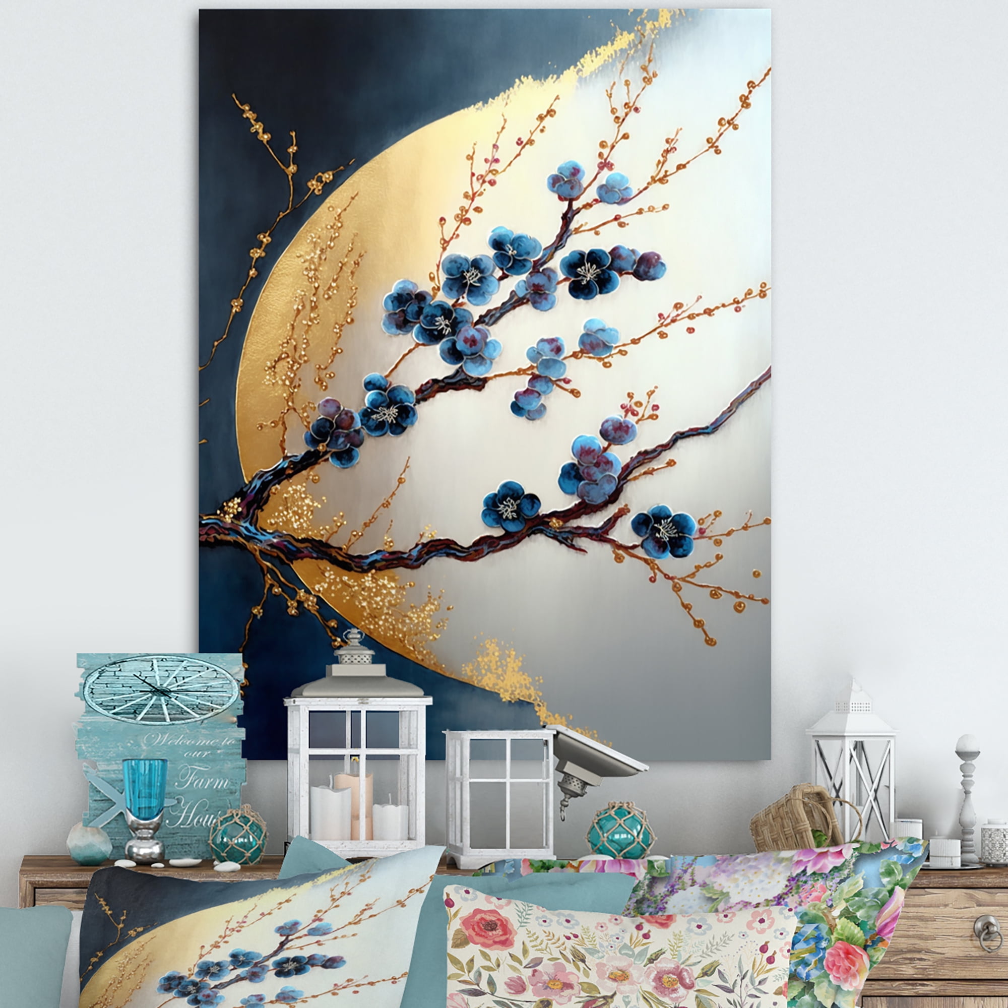 Designart Blue Cherry Blossom Branch IV Canvas Wall Art
