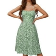 thumbnail image 3 of Womens Sundresses for Summer Pleated Smocked Knee Length Built In Bra Vacation Short Dresses Spaghetti Strap Sleeveless Floral Cute Midi Dresses Green L, 3 of 5