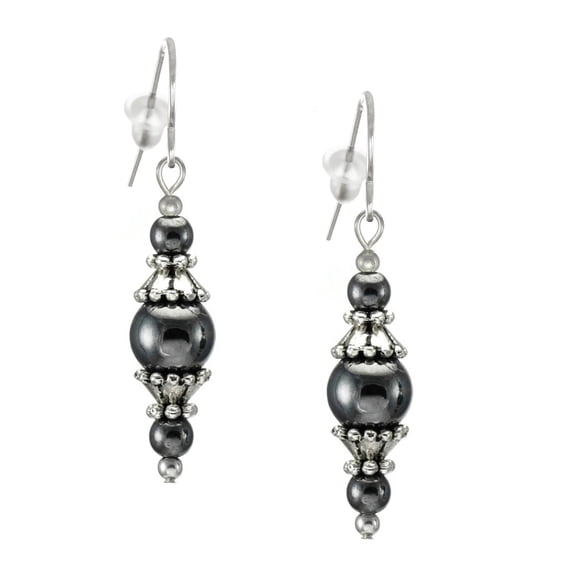 One Pair of Beaded Glass and Pewter Dangle Earrings, Platinum Ear Wires,Grey
