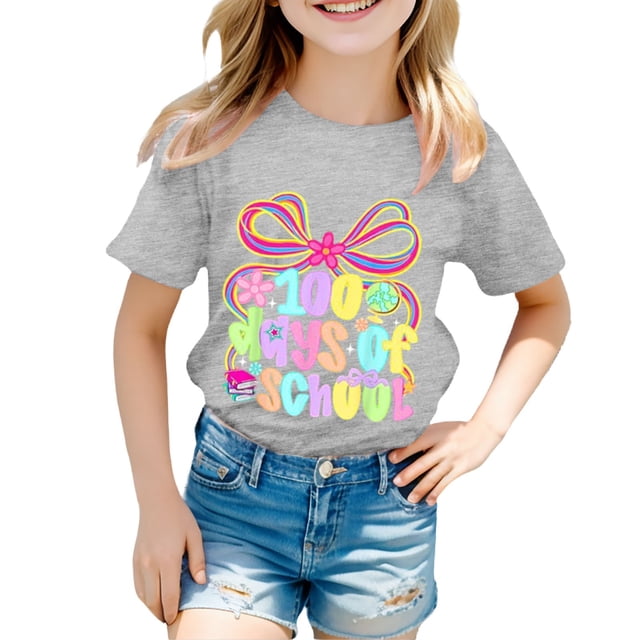 Rhuody Tops For Girl Short Sleeve T Shirt Round Neck Cartoon Prints Tee Tops Basic Daily Wear 2-3 Years Grey