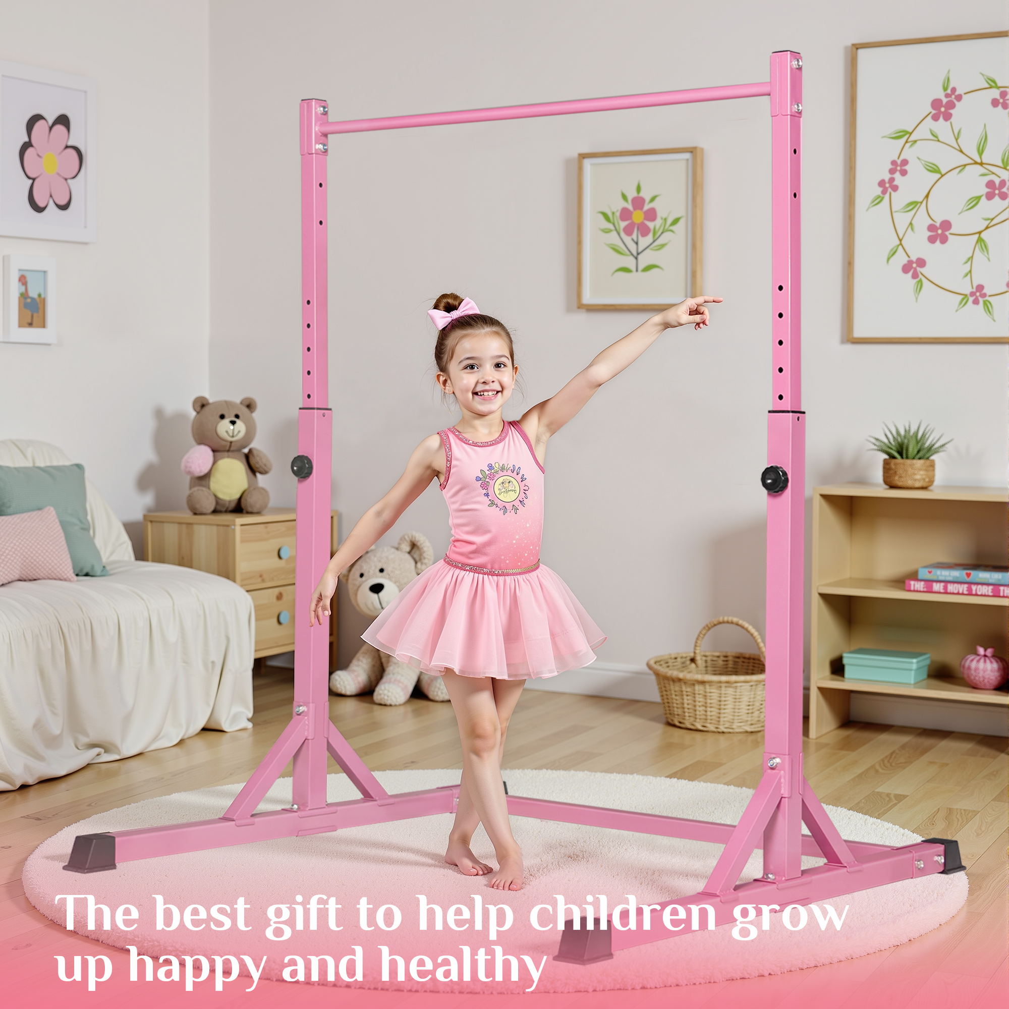 Primy 230LBS Gymnastics Bar for Kids, 39~61in Adjustable Height Steel Gymnastic Horizontal Bars, Stable Gymnastics Equipment Junior Training Bar for Home Using for Children