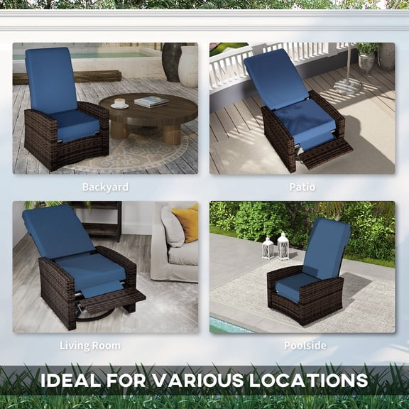 Reclining Rattan Patio Chair with Cushions for Outdoor Swivel Recliner, Dark Blue 360° Swivel Base