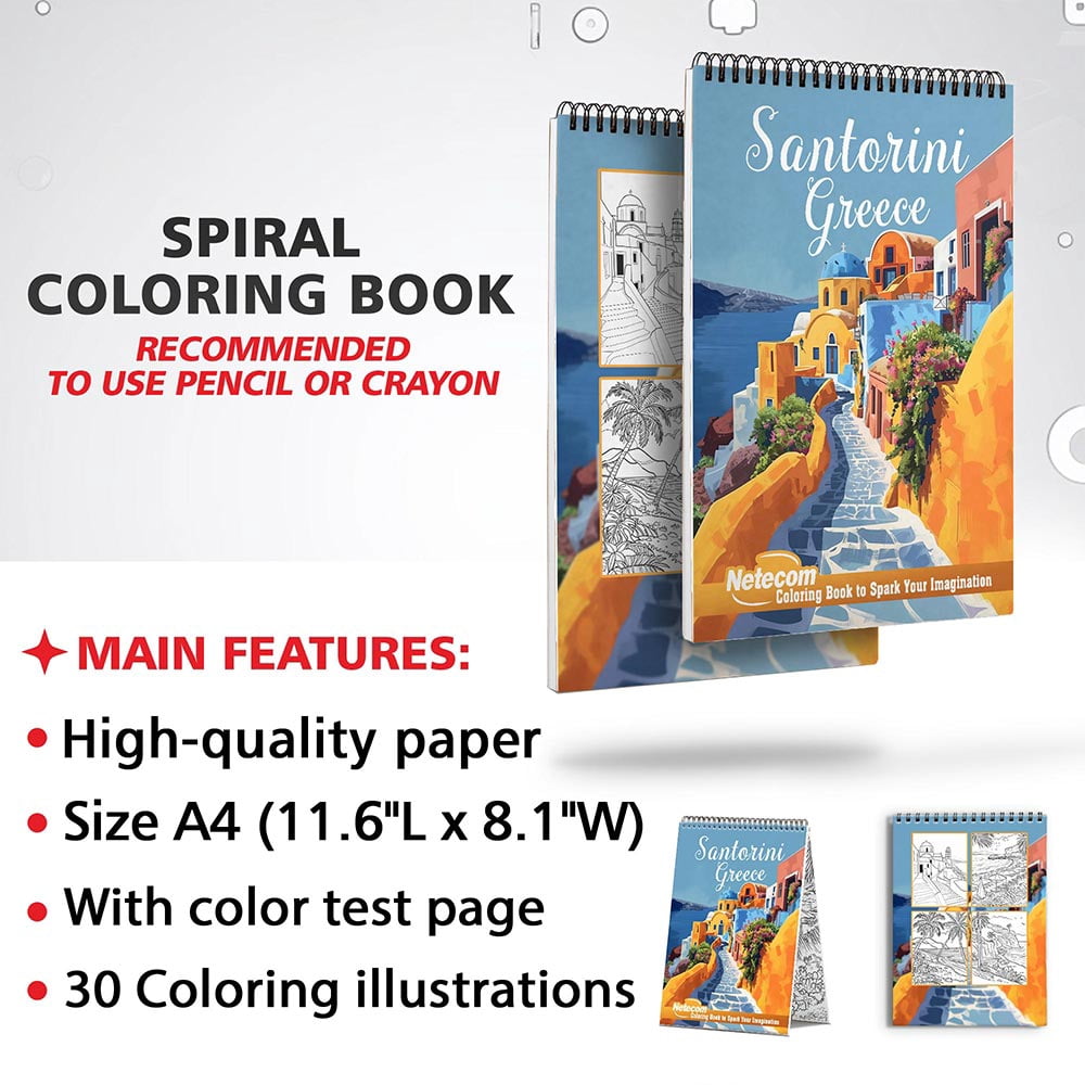 Netecom Santorini Greece Coloring Book for Adults, Spiral Bound, Soft Cover